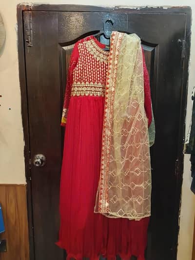 Beautiful Red Embroidered 3 Piece Frock- Chest 19, length 53