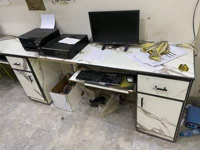 Shelves, Glass Counter & 3 Computer Workspace with cabinets