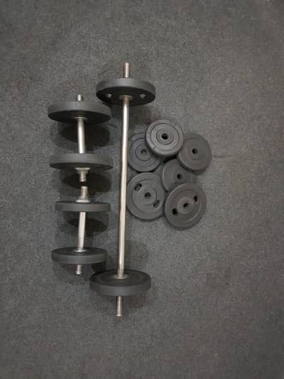 dumblers (4× 3kg) (4× 2kg) (4× 1kg) with 3 rods