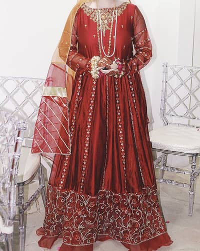 Red and mustard long flowy maxi with dupatta for sale in Karachi.