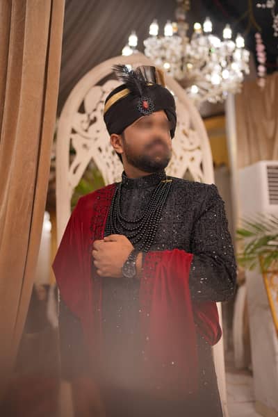 Premium Black Designer Sherwani Complete Wedding Set – 10/10 Condition