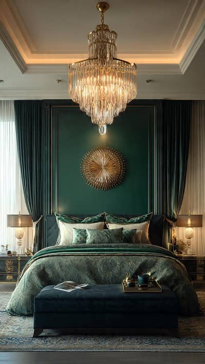 2026luxury  Dubia Emerald green badroom Accent wall  5 star hotal styl