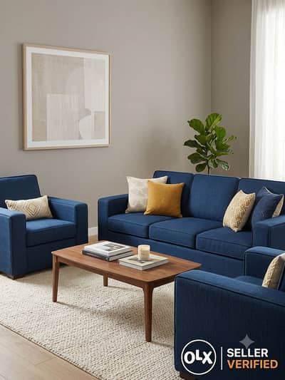 Comfortable 5-Seater Navy Blue Fabric Sofa Set