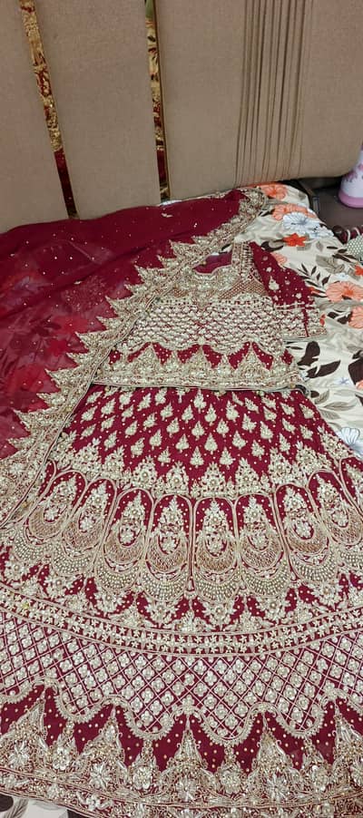 Bridal Maroon & Gold Heavy Embroidered Lehenga (Worn Once)