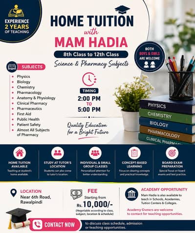 Experienced Home Tutor for 8th–12th Class & Pharmacy | Rawalpindi