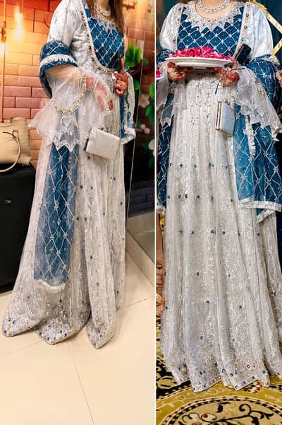 Beautiful silver & blue Embroidered party Wear Dress