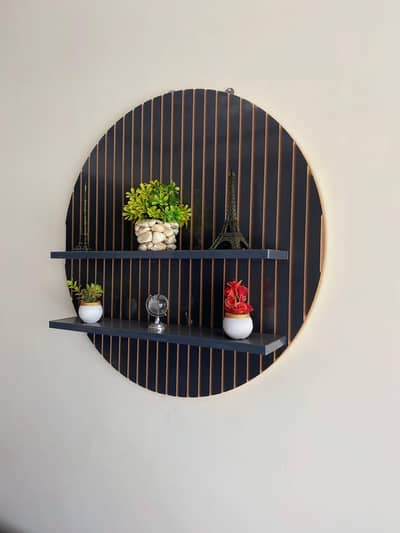Modern Wooden Wall Shelf / Round Fluted Panel Wall Decor with Shelves