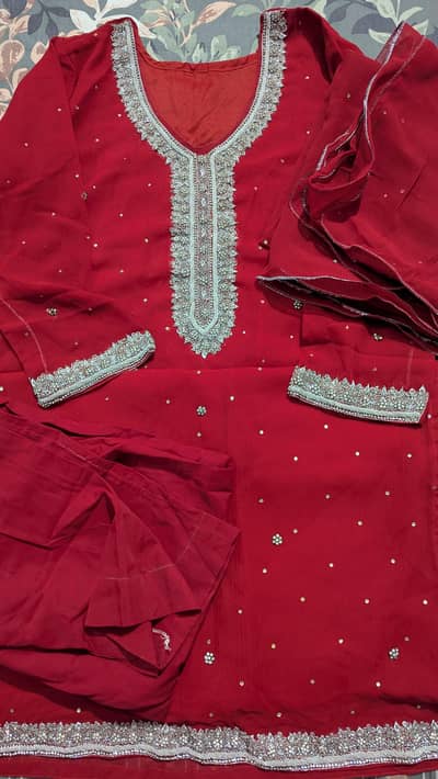 3pc Red suit with Zardozi and zari work