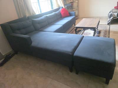 arge L-Shaped Sectional Sofa with Chaise & Ottoman – Dark Blue/Grey