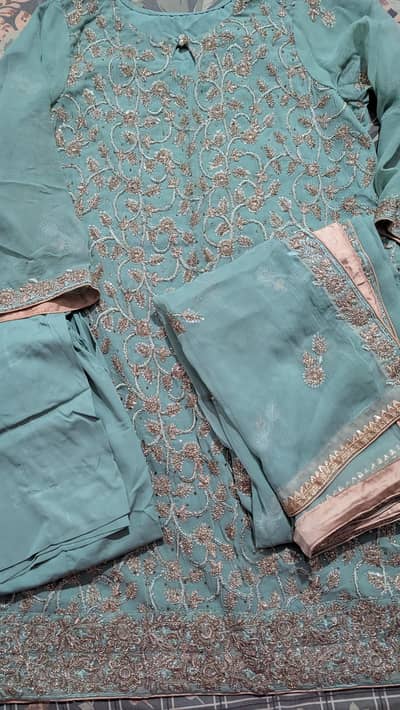 3pc chiffon dress with Tilla work and metallic and silk thread