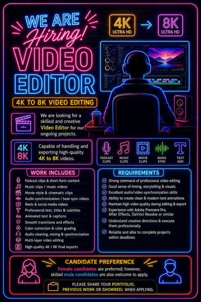 Female Video Editor Wanted For Reels, Podcasts & 4K/8K Editing