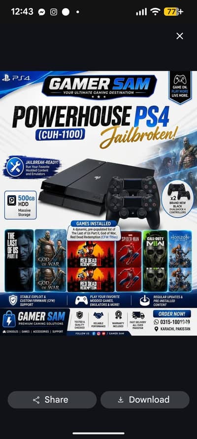 PS4 JB 500gb games installed with 2 brand new wireless controller