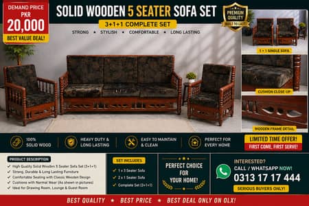 Solid Wooden 5 Seater Sofa Set | 3+1+1 Complete Set | Rs. 20,000