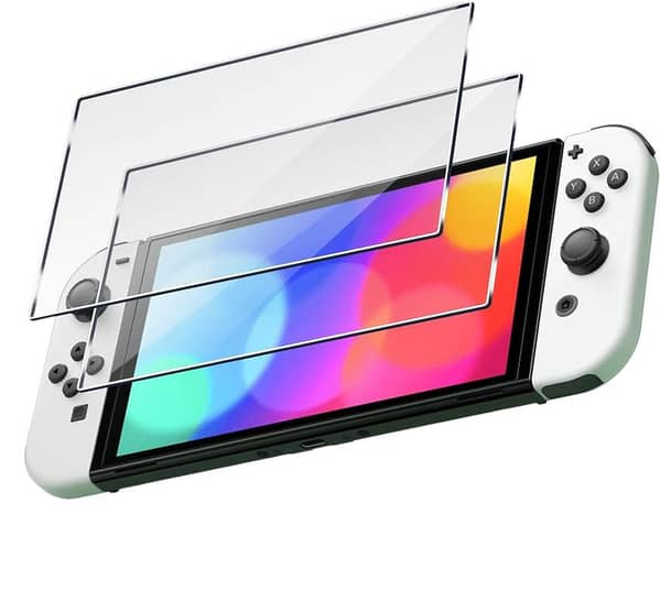 3 PCS Nintendo Switch OLED Tempered Glass Screen Protector – High Transparency, Fits Original Dock, White Console