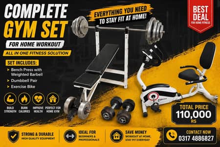 Complete Gym Equipment Set – Bench Press, Weights & Exercise Bike