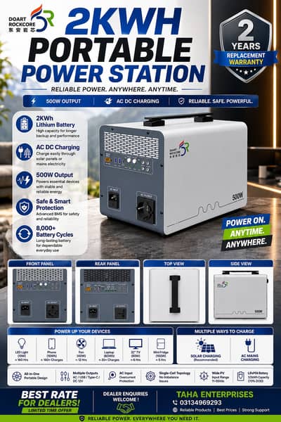 Doart 2kWh Portable Power Station – Pure Sine Wave / Fast Solar