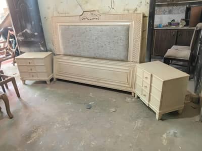 wooden bed in Deco Polish along with Side tables + Dressing