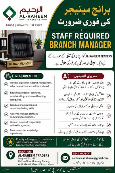 STAFF REQUIRED BRANCH MANAGER, SALES MAN, RECOVERY PERSON