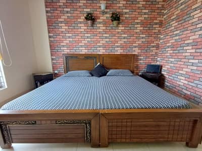 Pair of single beds with 2 side tables and mattresses