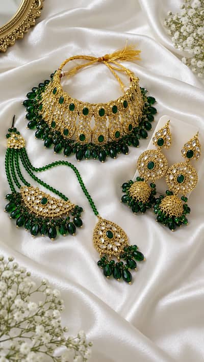 Just 3,4 hours worn. . . bridal jewellery set, bottle green color