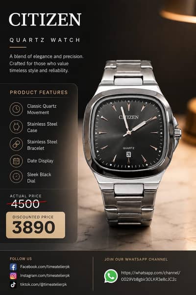 ⌚ Premium Citizen Quartz Watch – Elegant Stainless Steel Design