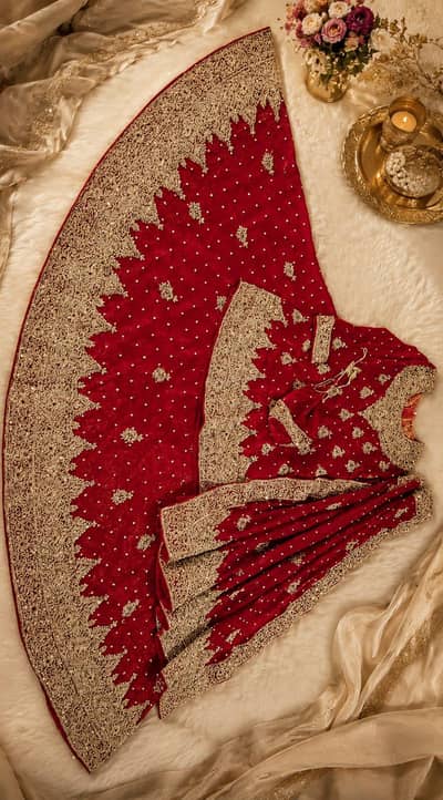 Heavy bridal lehnga - Red golden embroidery  with jewelry