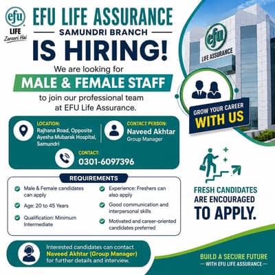 EFU Life Assurance Jobs – Male & Female Staff Required | Samundri