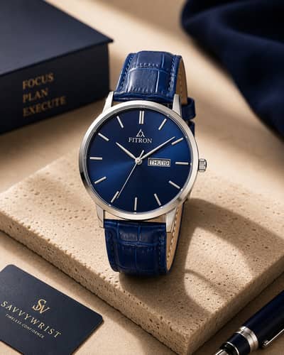 FITRON Blue Dress Watch | Premium Leather Strap | Day & Date