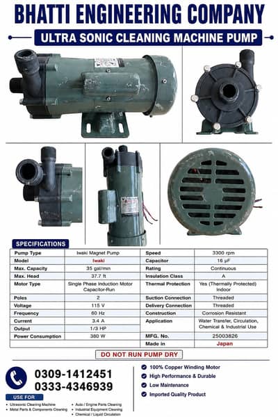 Iwaki Magnet Pump 1,3 HP , Ultrasonic Cleaning Machine Pump , Made in