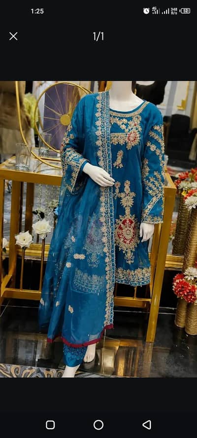 Teal Blue Boutique Style Heavy Embroidered Dress with Chiffon Dupatta