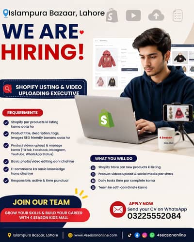 Shopify eProduct Listing & Video Uploading Staff Required