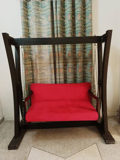 Wooden Swing Jhoola – 2 Seater with Red Colour & Chain Stand | Lahore