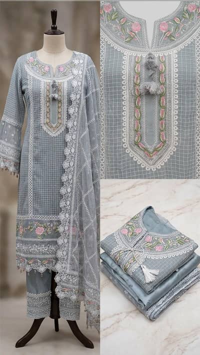 Embroidered Net Dress with Silk Trouser