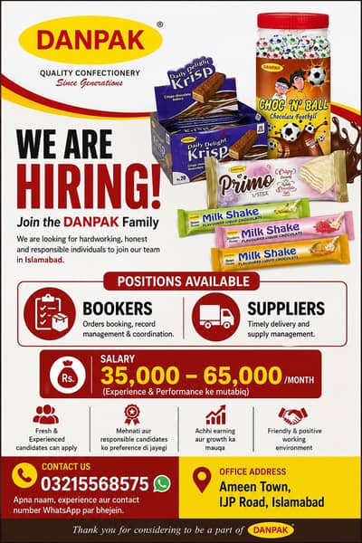 Staff Required – Bookers & Suppliers | Islamabad