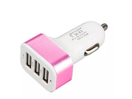 3 Port USB Car Charger DC 12V-24V Fast Mobile Phone Charger Adapter With Pink Trim 5.1A Max 5461