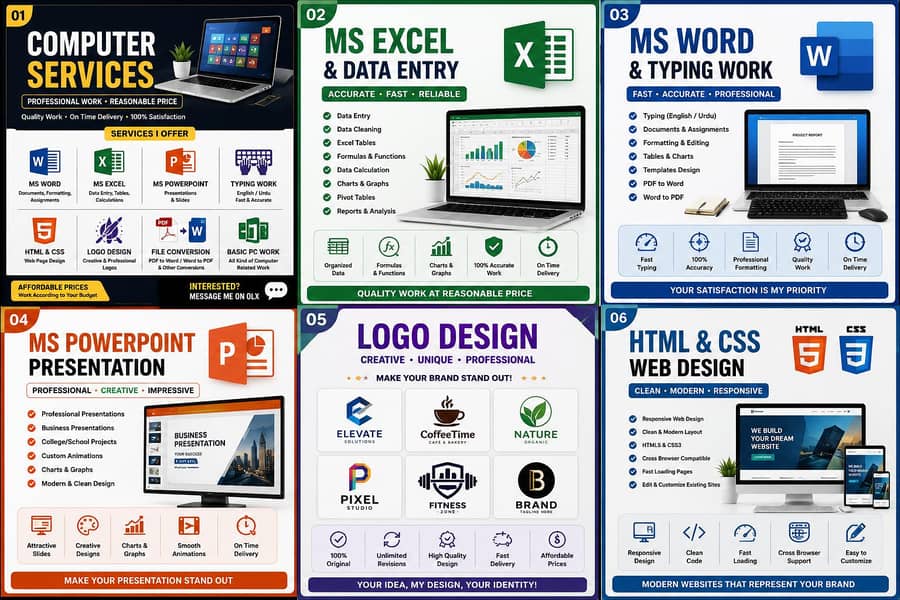 MS Office, Excel, PowerPoint, Typing, HTML/CSS & Logo Design Services 1