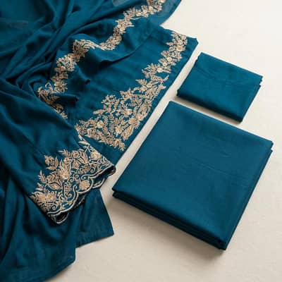 Unstitched Lawn Suit with Blue and Gold Embroidery - Free delivery