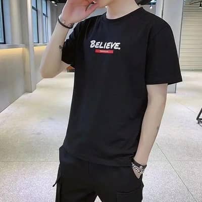 men slim fit black graphic T-shirt summer