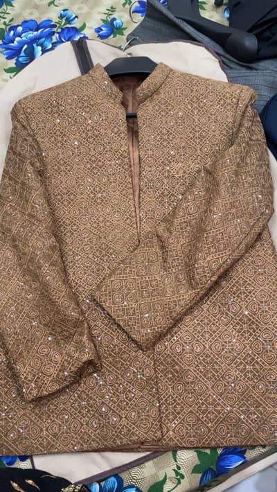 Beautiful Brown Golden Embroidered Sherwani – Wedding Wear