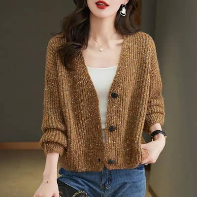women V Neck knitted cardigan loose fit winter multi color
