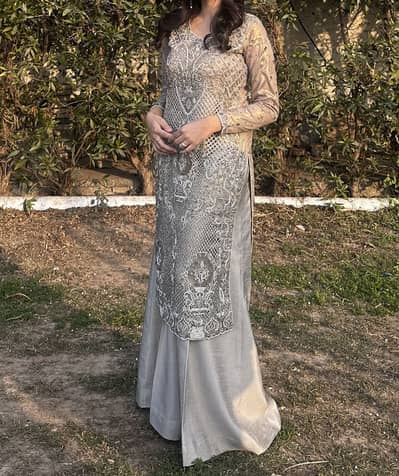 Silver Grey Embroidered Formal Dress | Wedding & Party Wear
