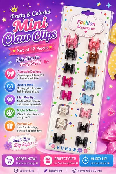 Cute & Colorful Mini Claw Clips for Girls – Set of 12