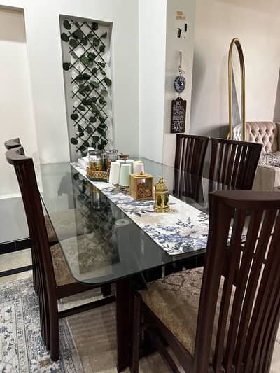 6 seater wooden frame dining table, with 6 wooden seats