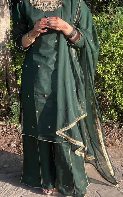 Dark Green Festive Wear Chiffon and and Paper Silk Dress