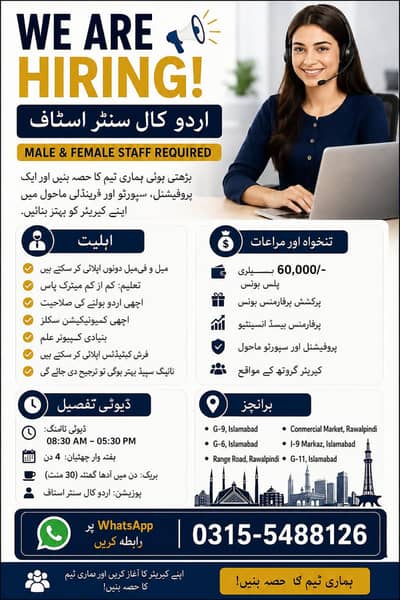 male female staff required for call centre day shift job