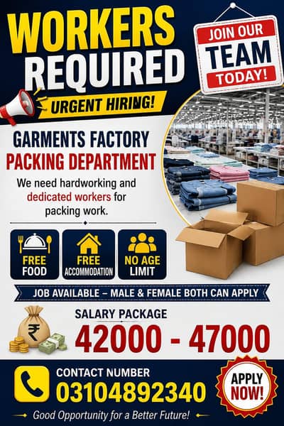 garments factory ma works ki zarurat ha
