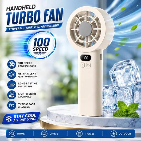 Portable Handheld Turbo Fan – USB Rechargeable Mini Cooling Fan with Digital Display, 100 Speed High Speed Turbo Handheld Fan