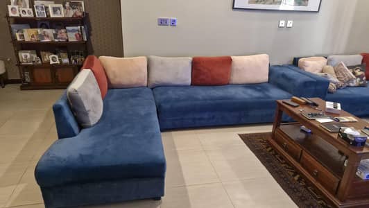 L shape 7 seater blue sofa