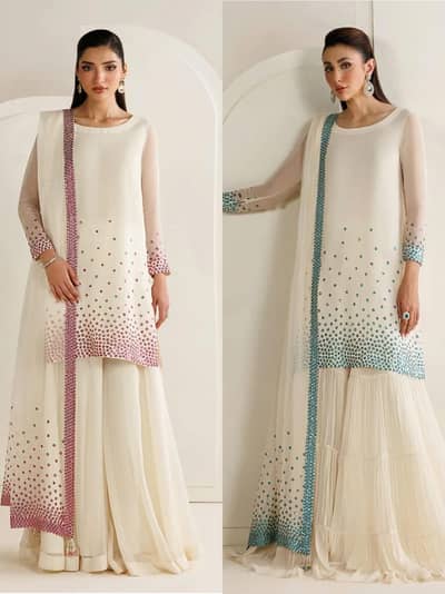white chiffon sequin dress with silk trouser