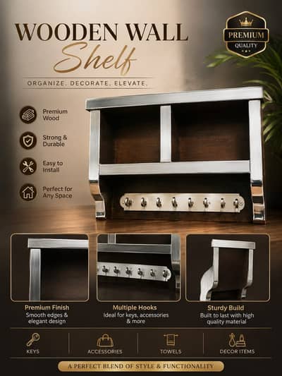 Premium Handmade Wooden Wall Shelf | 8 Hooks Key Holder | Home & Offic